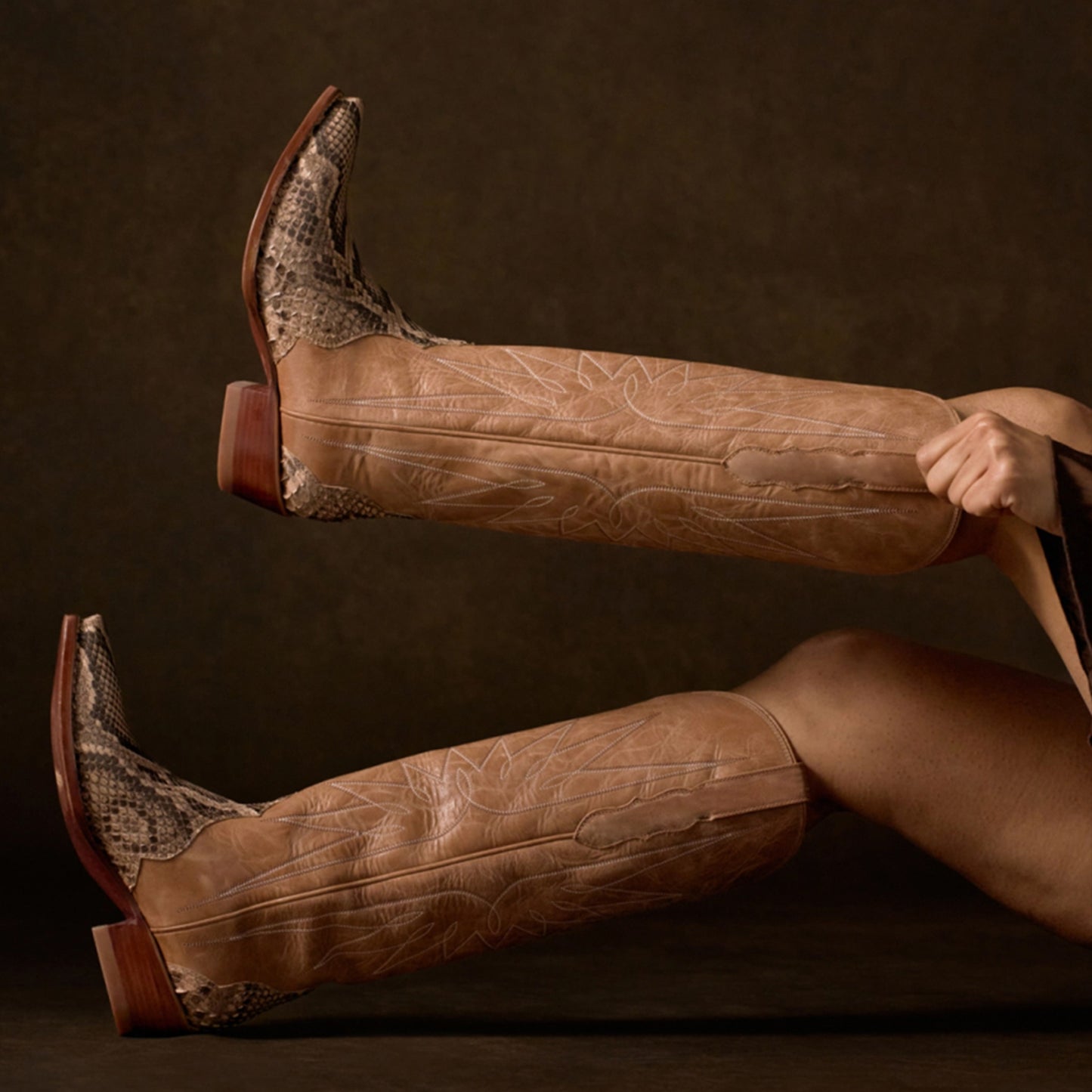 Tan And Snakeskin Pattern Snip-Toe Embroidery Wide Calf Knee High Cowgirl Boots