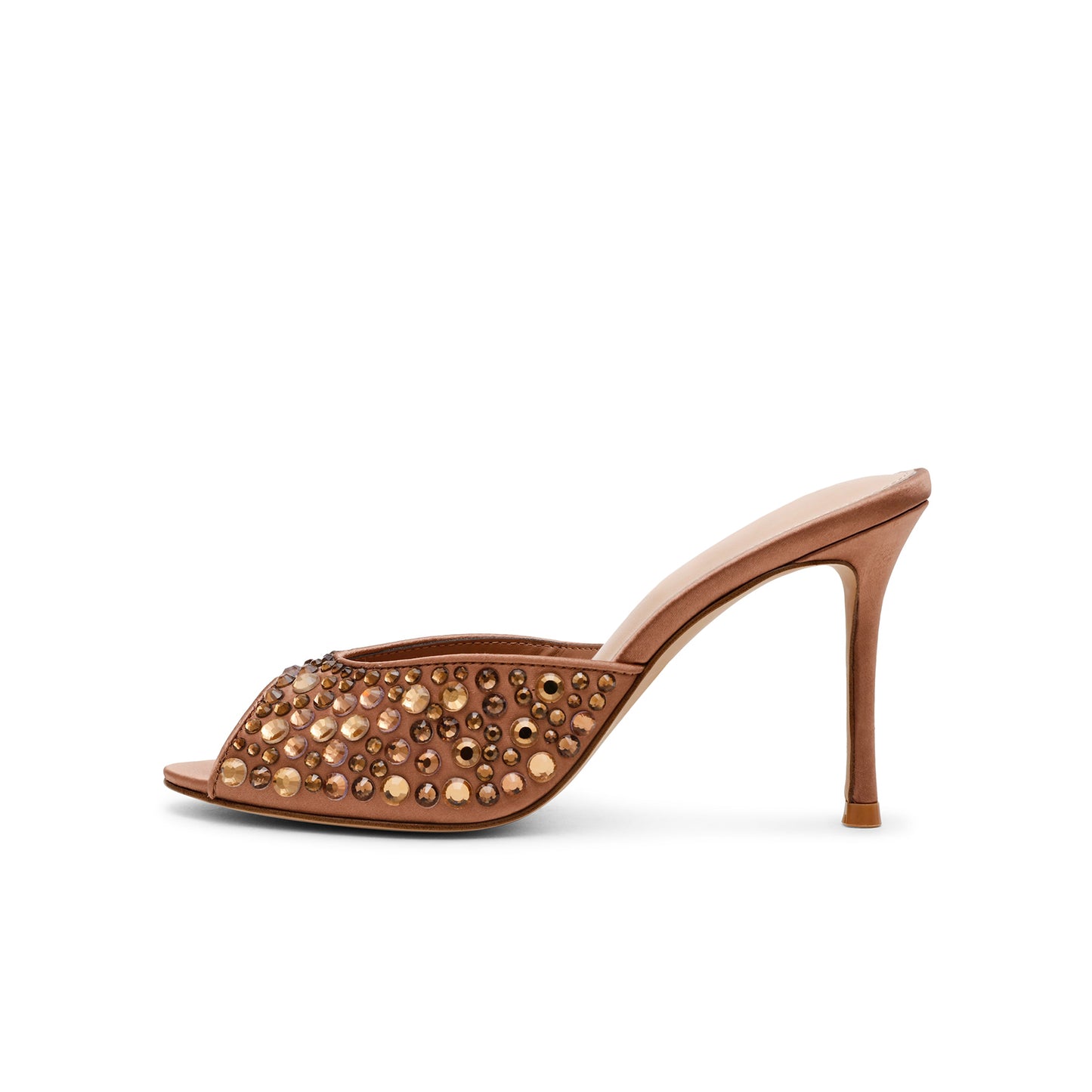 Bronze Satin Open Almond-Toe Rhinestone Backless High Heels
