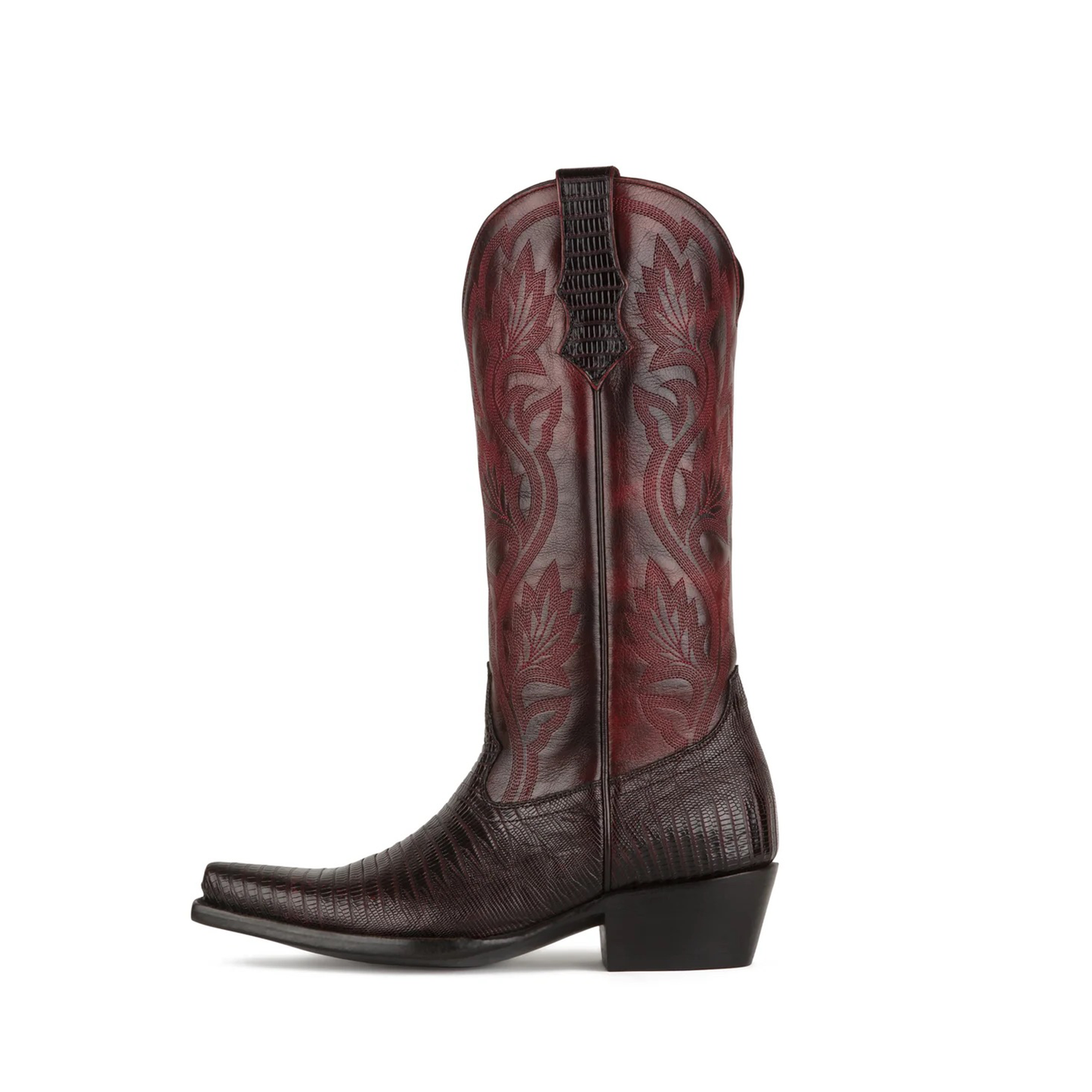 Cherry Contrast Vegan Leather And Lizard Print Snip-Toe Embroidery Mid Calf Cowgirl Boots