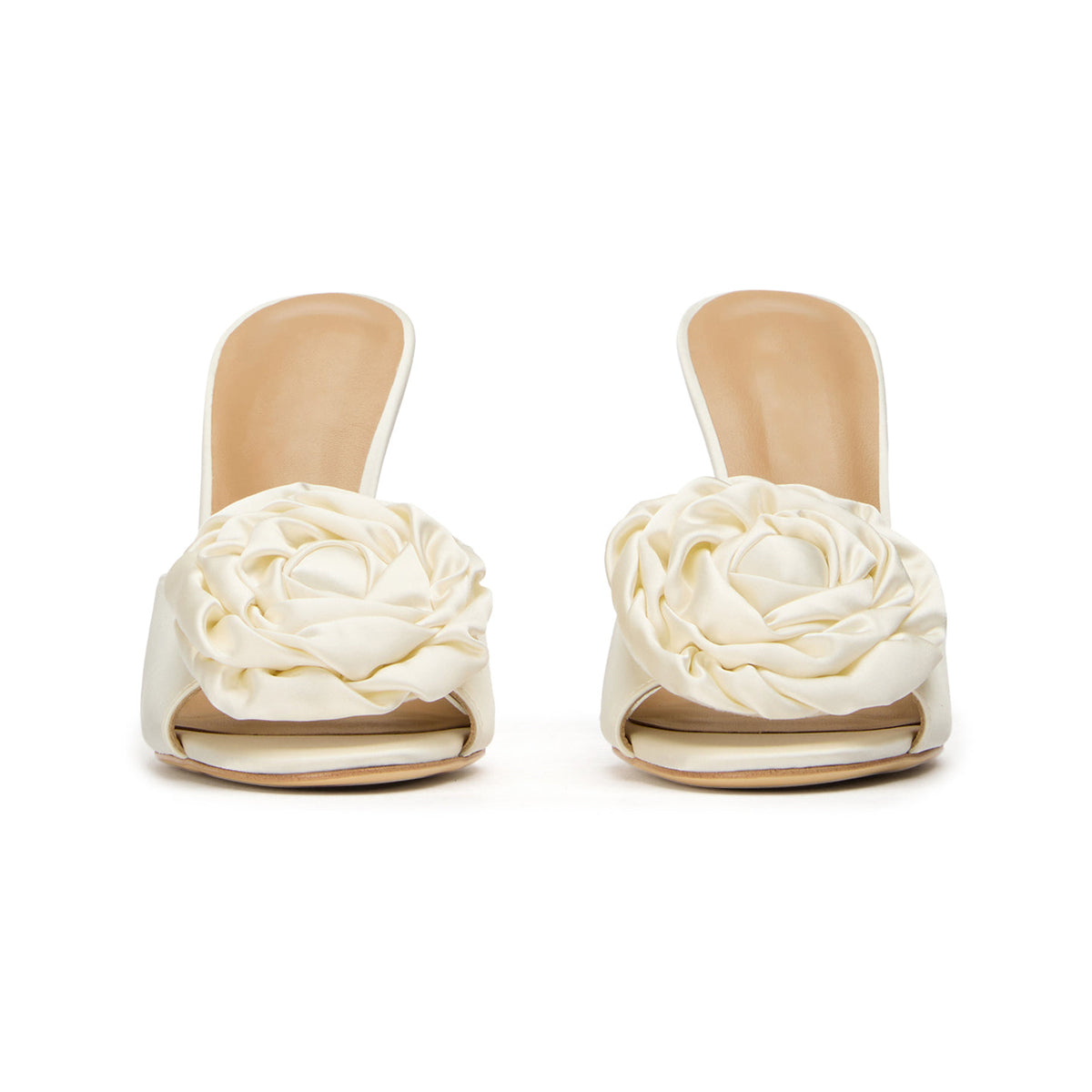 Ivory Satin Round-Toe Front Big Rose Backless High Heels
