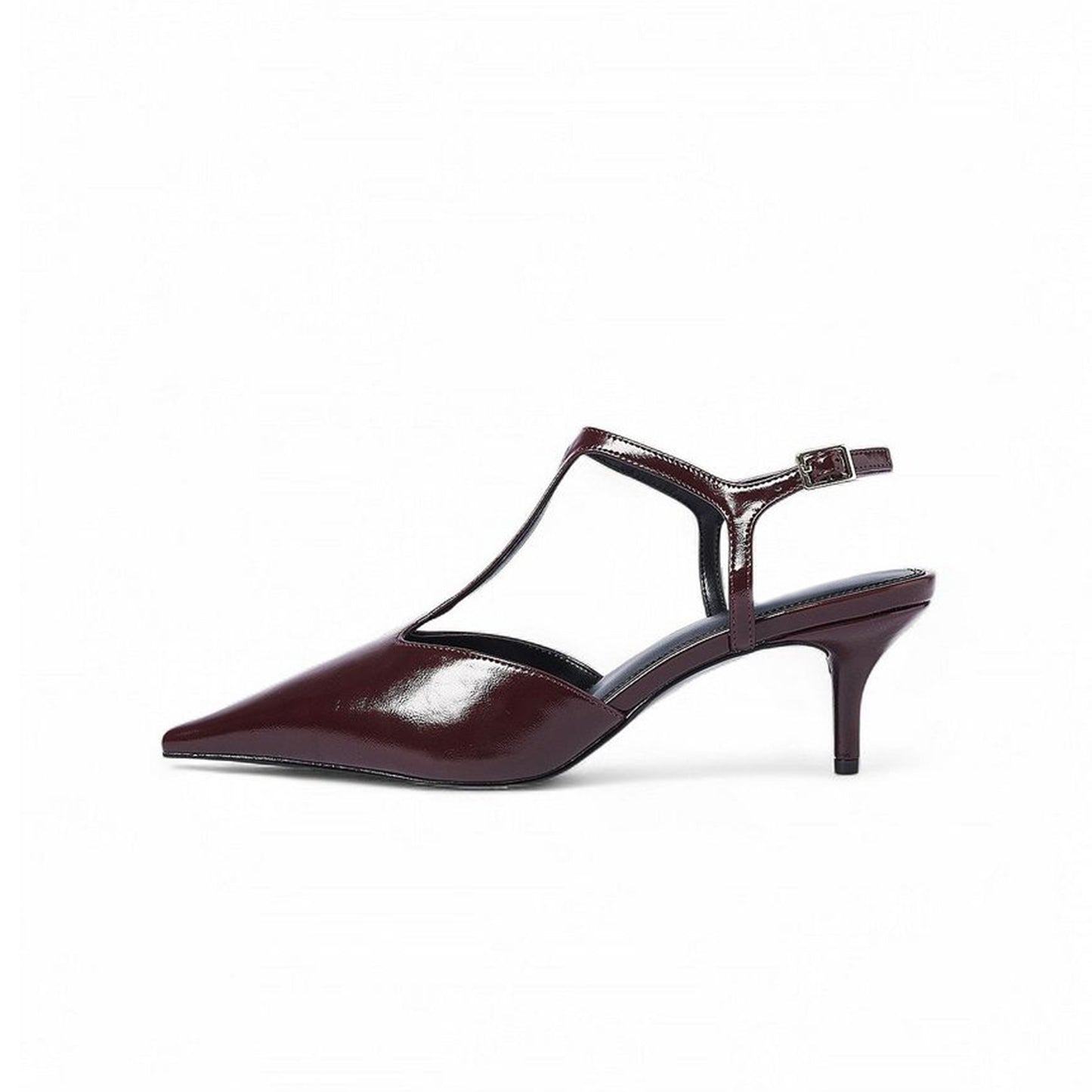 Burgundy Pointed-Toe T-Strap Ankle Strap Kitten Heels Pumps