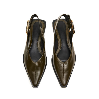 Olive Green Vegan Leather Pointed-Toe Slingback Buckle Flats