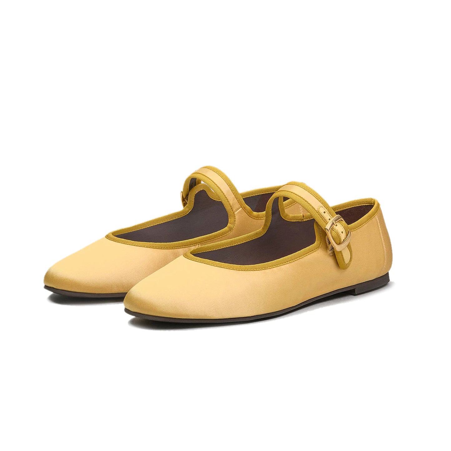 Lemon Yellow Satin Round-Toe Bridge Buckle Strap Ballet Classic Flats