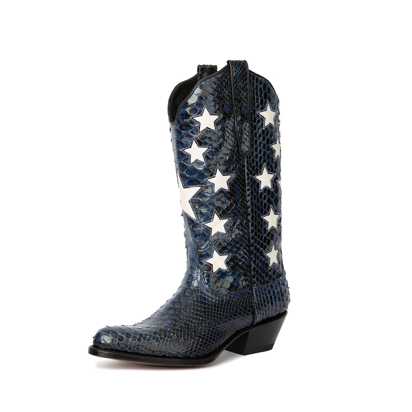Blue Snakeskin Print Round-Toe Stars Inlays Mid Calf Cowgirl Boots