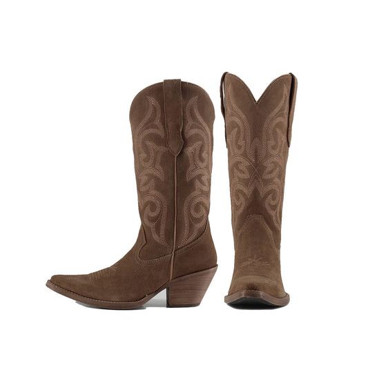 Camel Faux Suede Snip-Toe Mid Calf Embroidery Cowgirl Boots