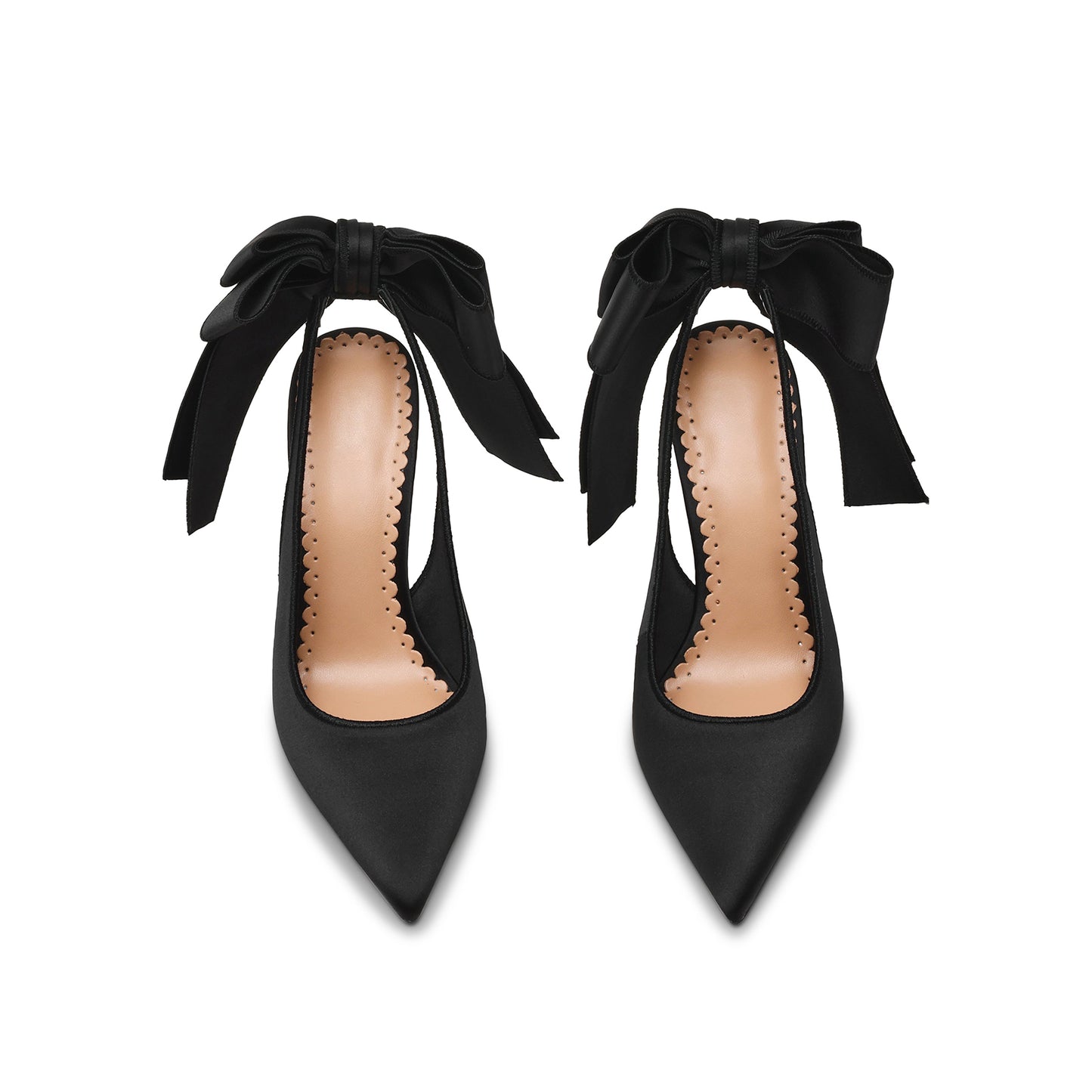 Black Satin Pointed-Toe Slingback High Heels Pumps With Big Back Bow