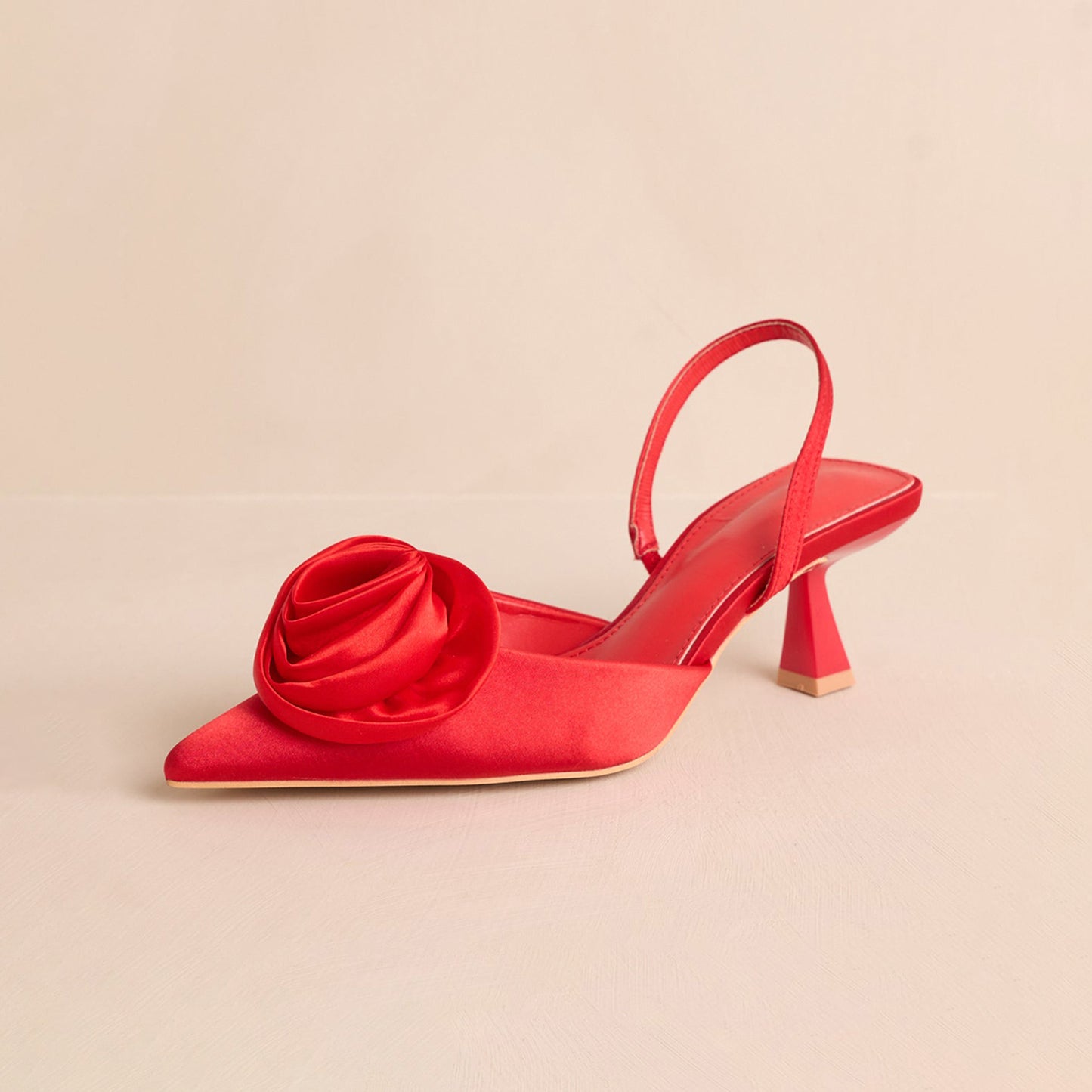 Red Satin Pointed-Toe Front Flower Slingback Kitten Heels