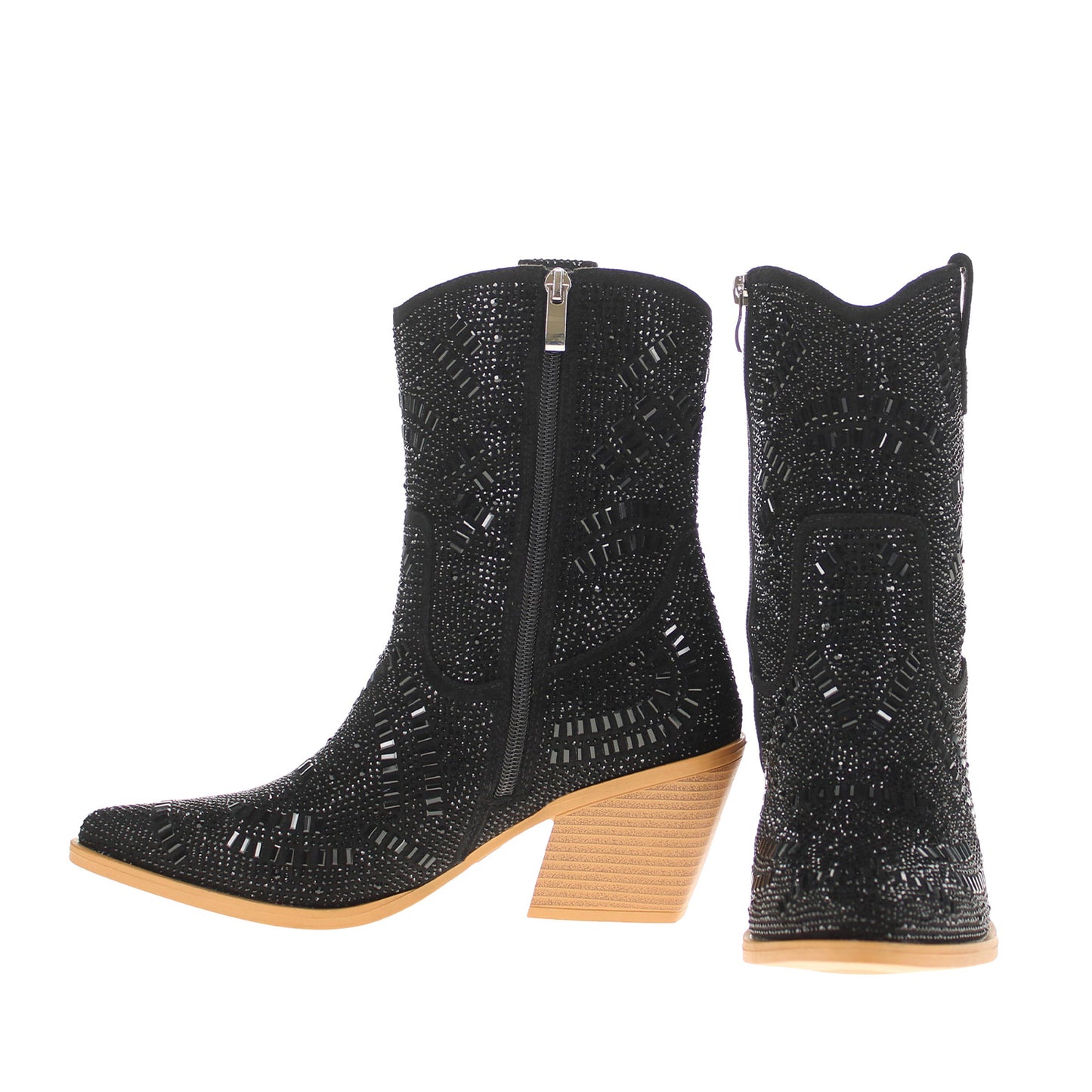Black Faux Suede Pointed-Toe Full Crystals Full-Zip Ankle Cowgirl Boots