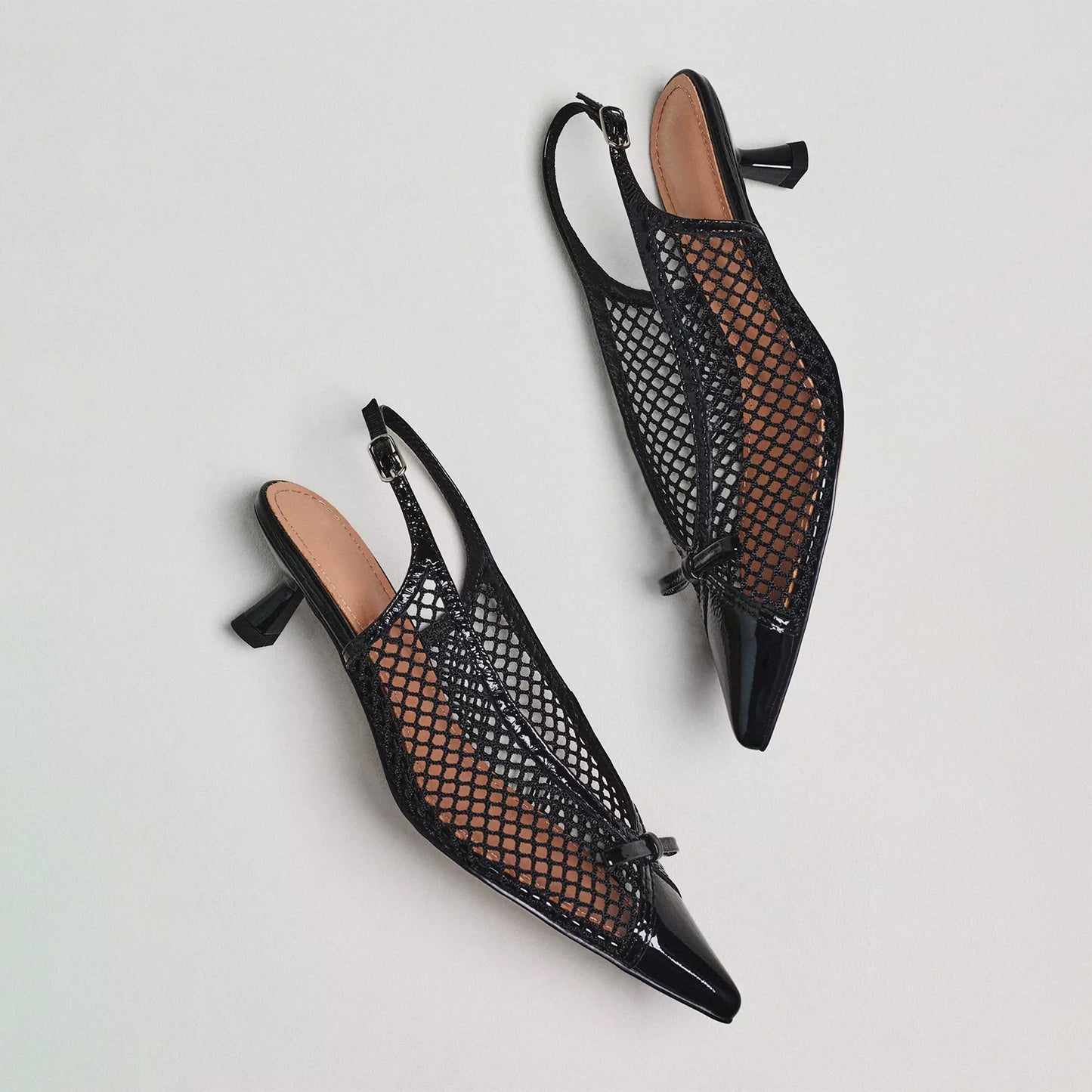 Black Mesh Patent Pointed-Toe Front Bow Slingback Kitten Heels