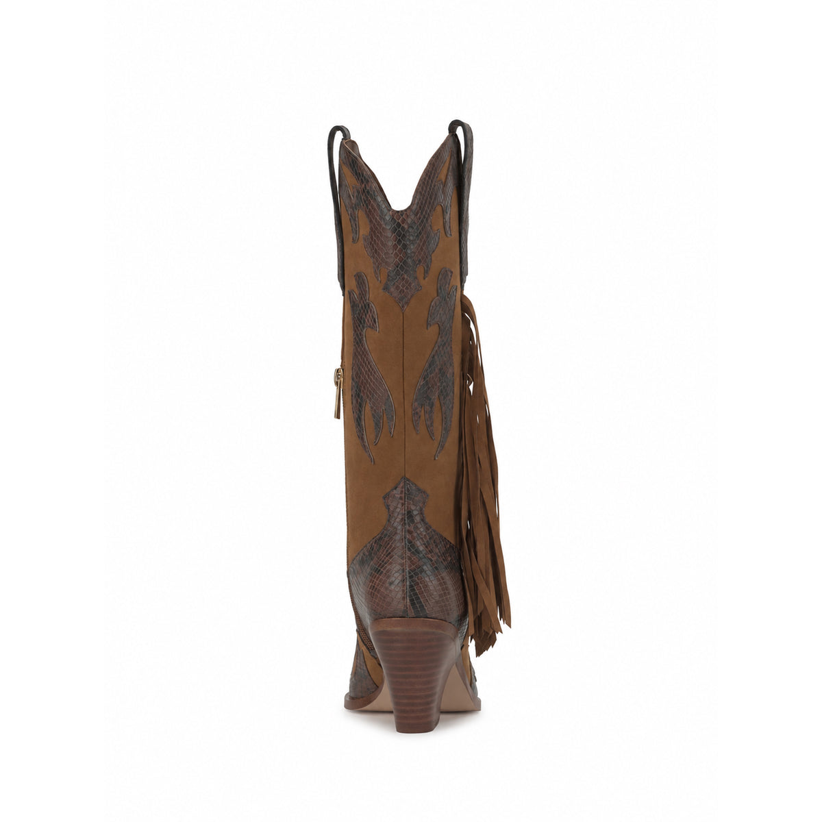 Brown And Snakeskin Pattern Almond-Toe Applique And Side Fringe Half-Zip Knee High Cowgirl Boots