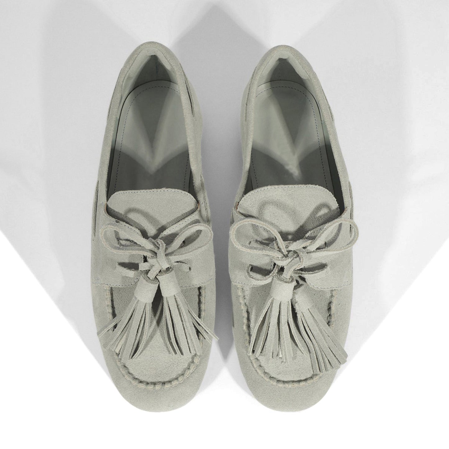 Light Gray Faux Suede Square-Toe Front Bow With Fringe Slip-On Flats