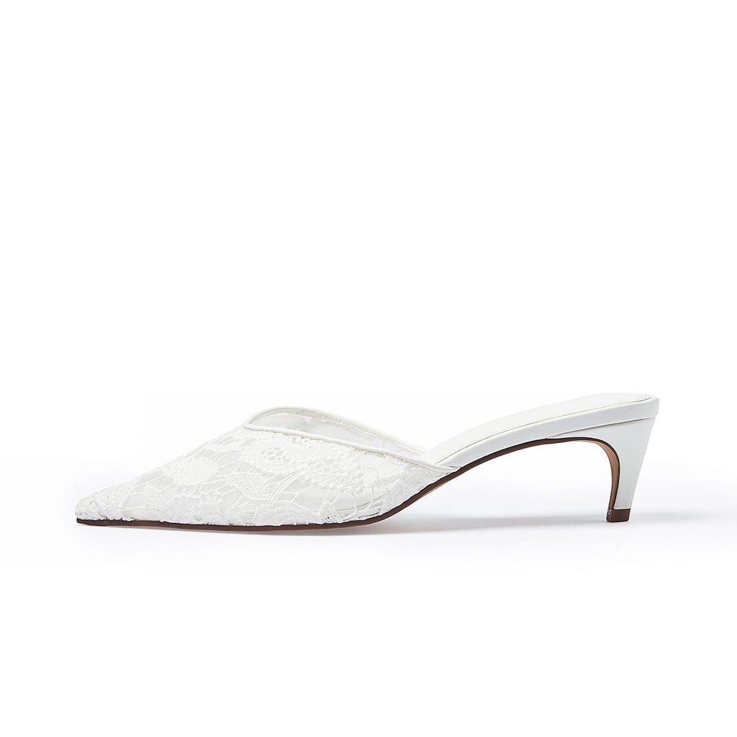White Lace Mesh Pointed-Toe Backless Simple Kitten Heels