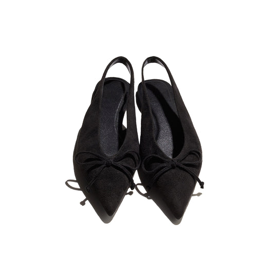 Black Faux Suede Pointed-Toe Front Bow Slingback Flats