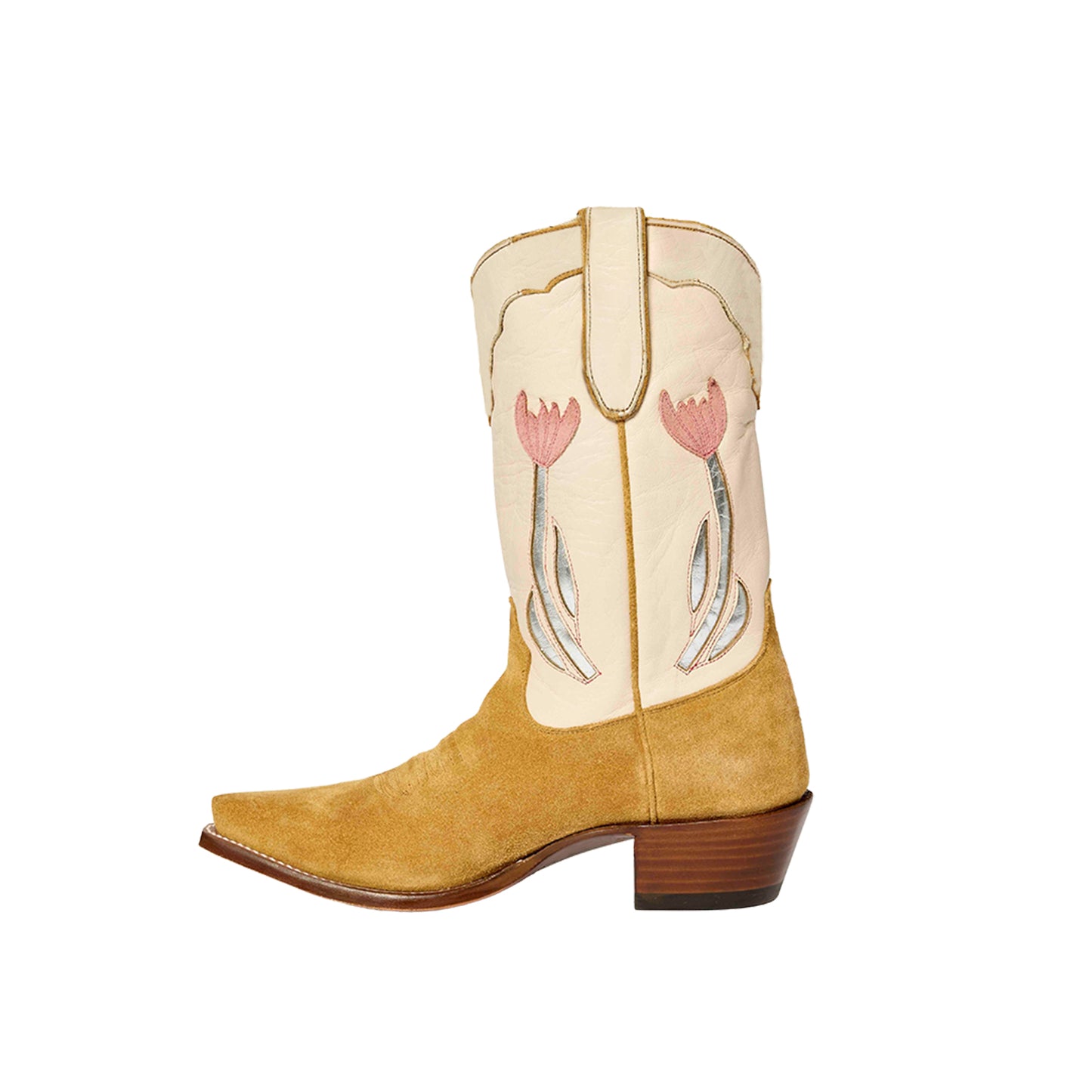Contrast Bone And Camel Snip-Toe Tulip Inlay And Applique Mid Calf Cowgirl Boots