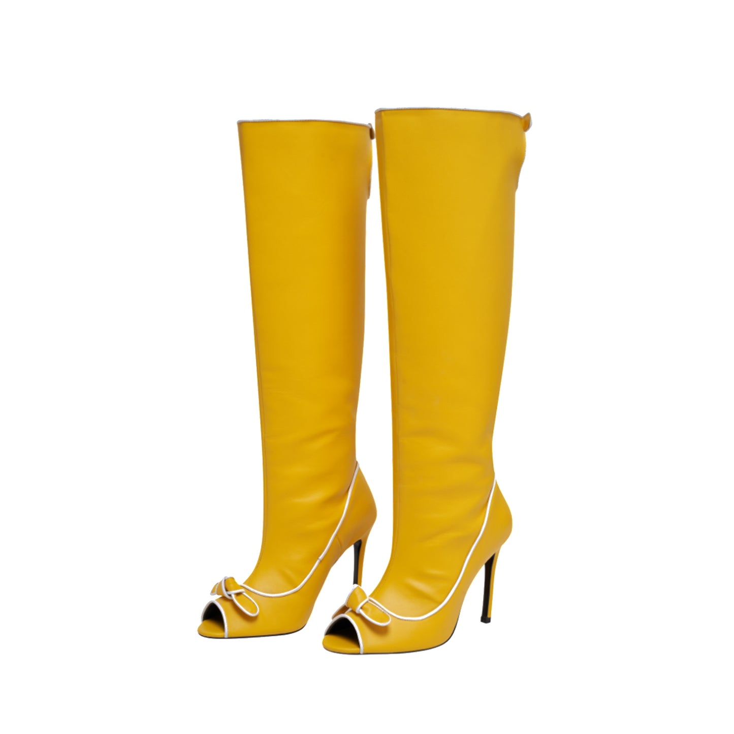 Yellow Peep Round-Toe With Bow Back Cut-Out Wide Calf Knee High Stiletto Boots