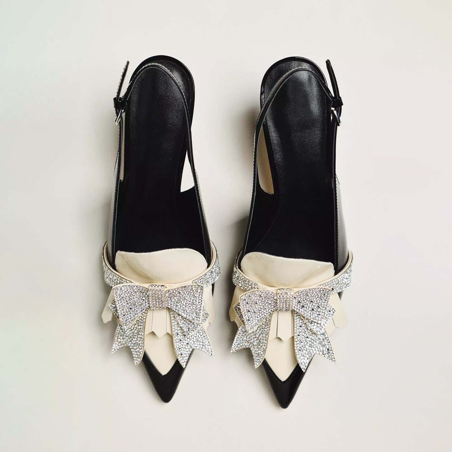 Patent Black Pointed-Toe Front Rhinestones Bow Buckle Slingback Kitten Heels