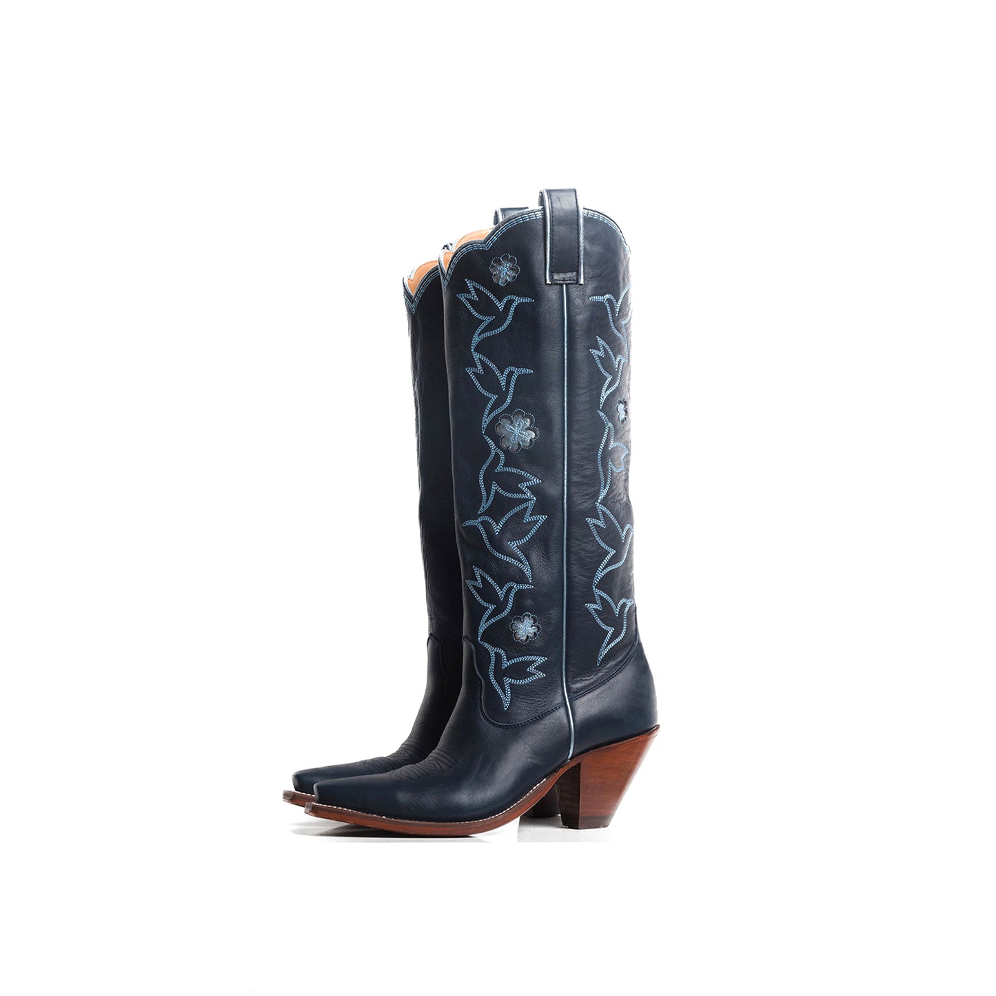 Navy Snip-Toe Birds Embroidery Flowers Inlay Wide Calf Knee High Cowgirl Boots