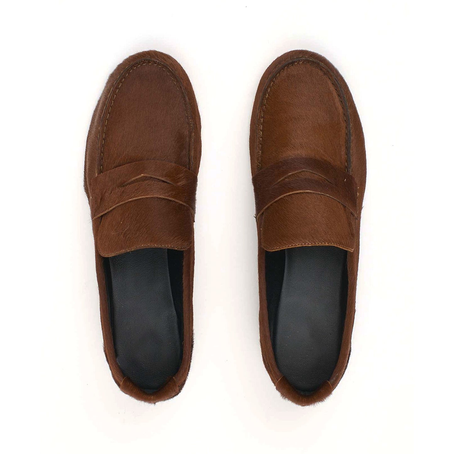 Brown Pony Hair Vegan Leather Round-Toe Slip-On Chic Loafers Flats