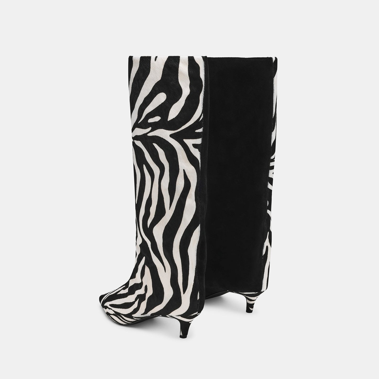 Black Faux Suede And Zebra Pattern Vegan Leather Pointed-Toe Wide Calf Knee High Stiletto Boots