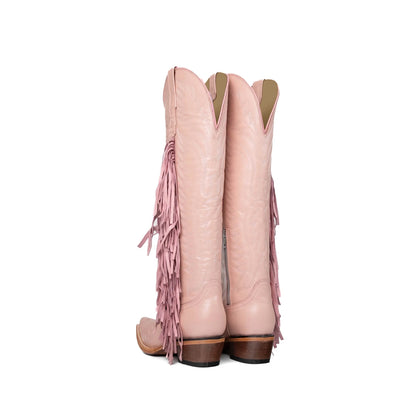 Pink Snip-Toe Embroidery Side Fringe Half-Zip Knee High Cowgirl Boots