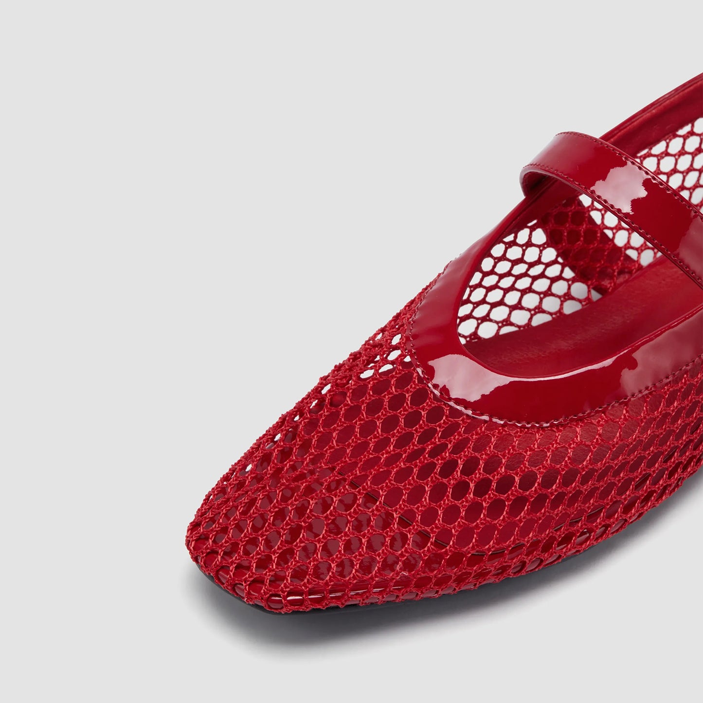 Red Mesh And Patent Leather Square-Toe Mary Jane Ballet Flats
