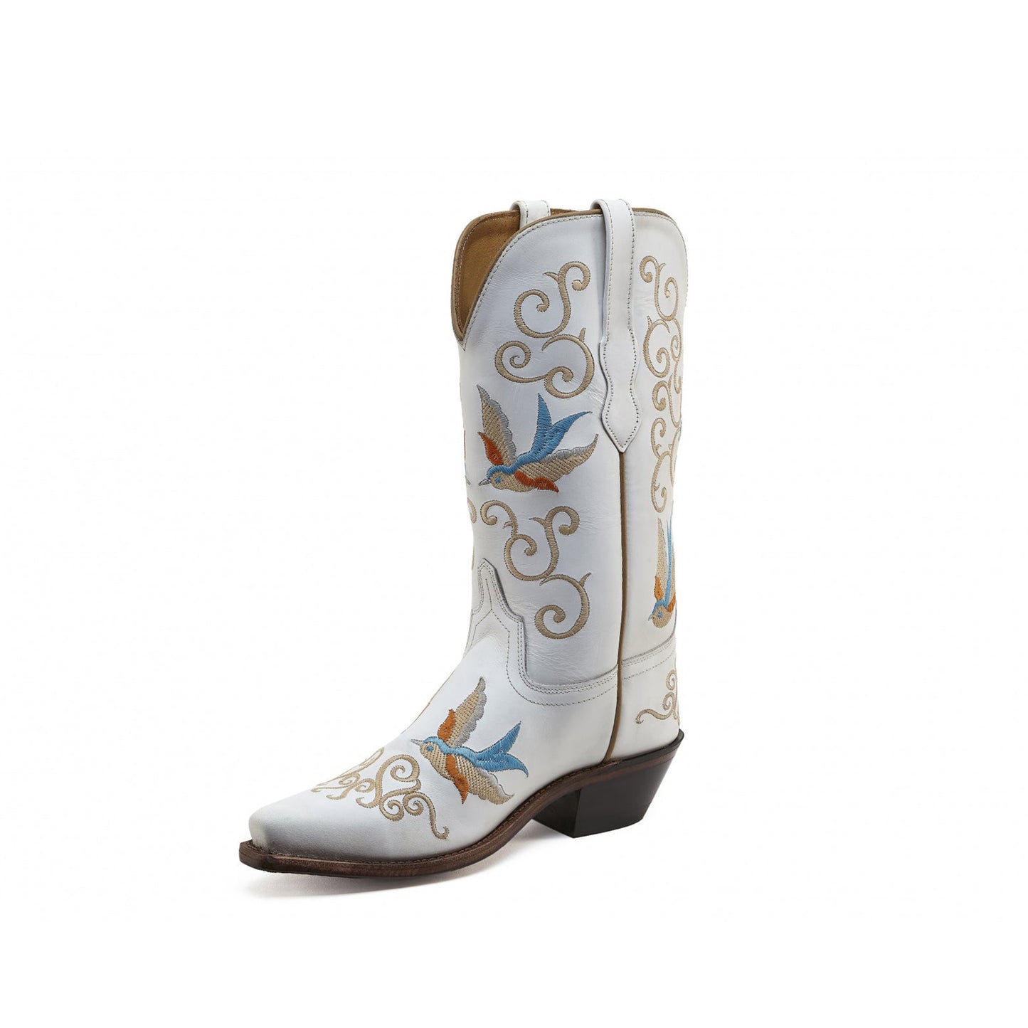 White Snip-Toe Swallow Embroidery Mid Calf Cowgirl Boots