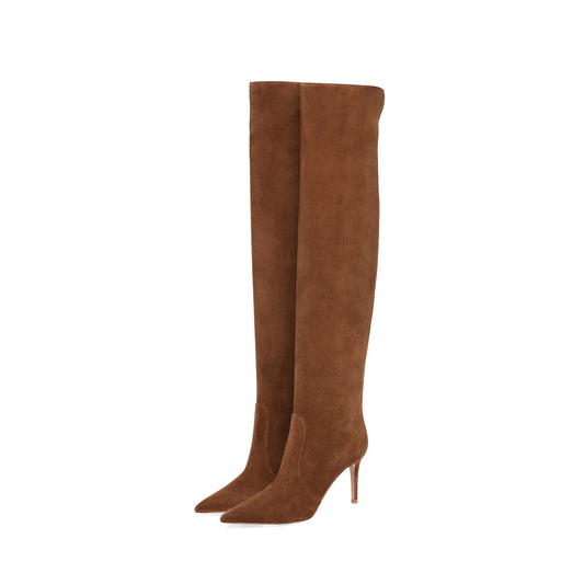 Brown Faux Suede Pointed-Toe Wide Calf Over-The-Knee Stiletto Boots