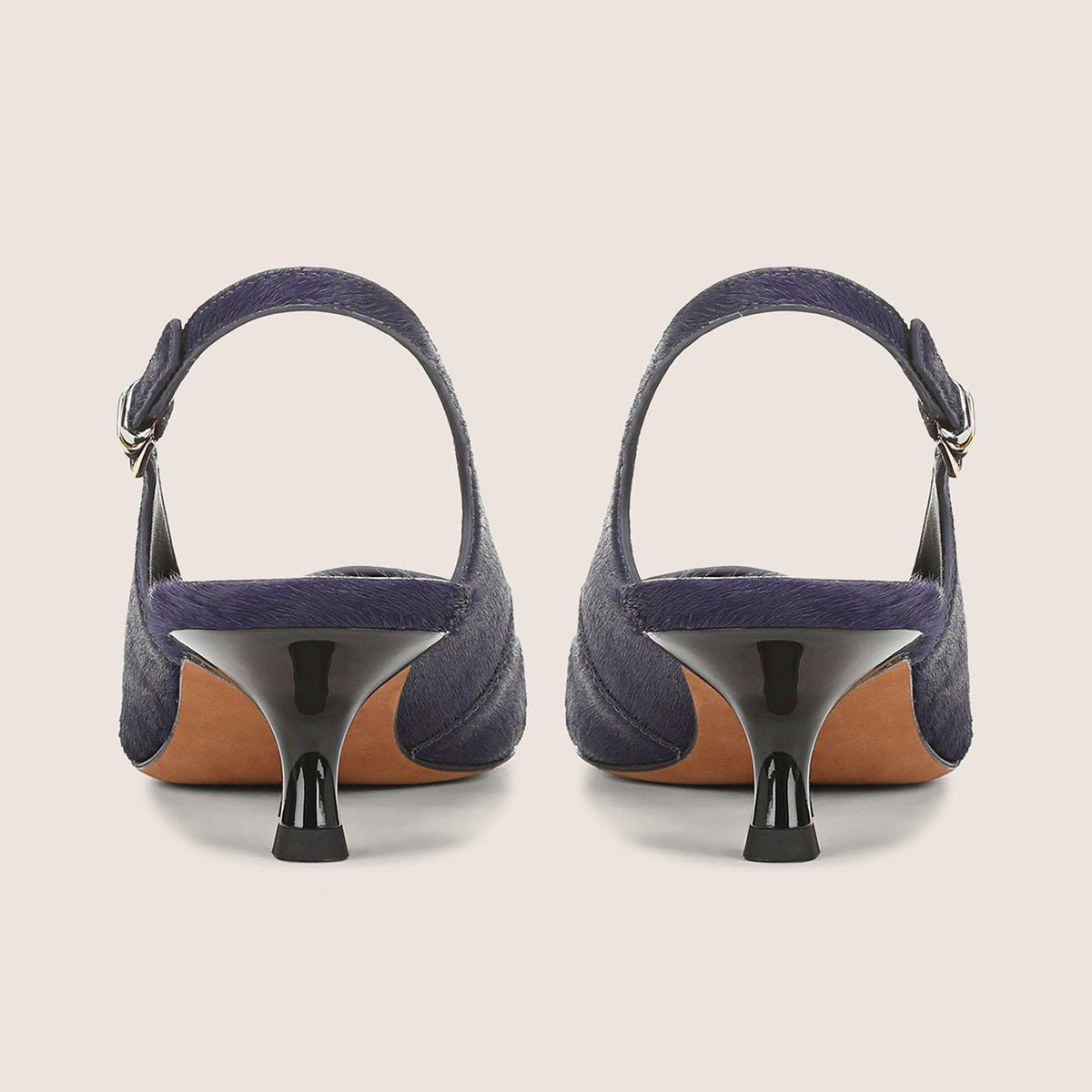 Navy Pony Hair Vegan Leather Chic Pointed-Toe Buckle Slingback Kitten Heels