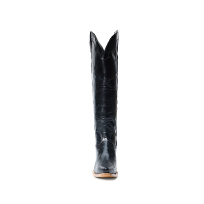Black Snip-Toe Simple Half-Zip Tall Knee High Cowgirl Boots
