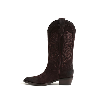 Coffee Faux Suede Almond-Toe Flowers Embroidery Mid Calf Cowgirl Boots