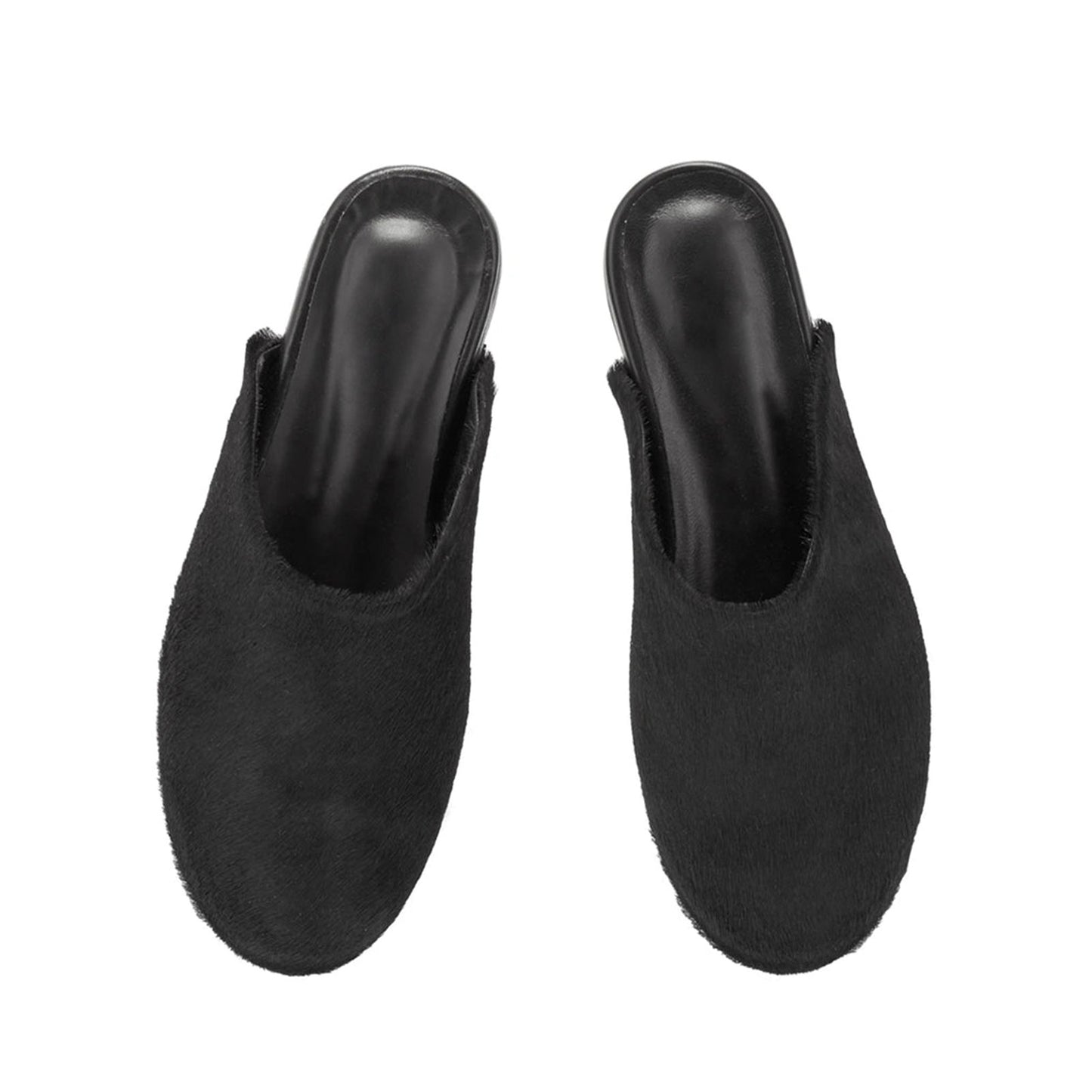 Black Pony Hair Round-Toe Slipper Backless Flats