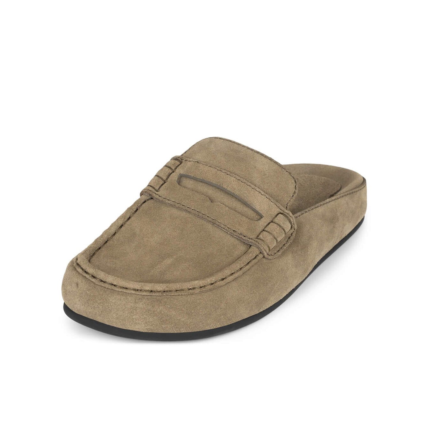 Light Khaki Faux Suede Square-Toe Simple Slip-On Mules Flats