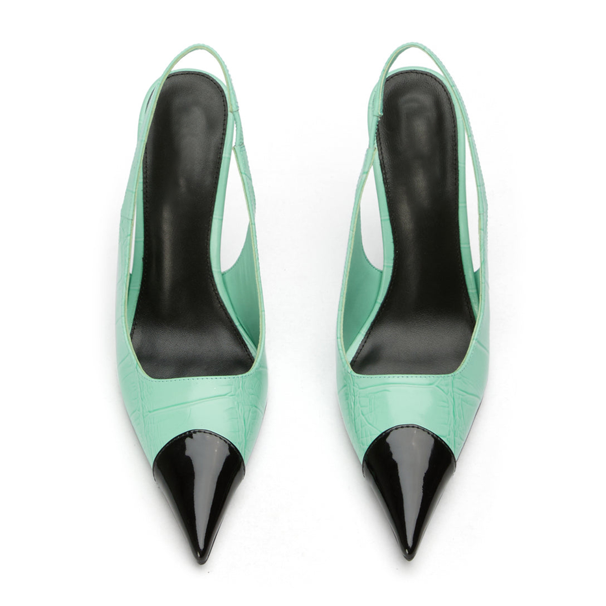 Patent Black And Pink Stone Pattern Pointed-Toe Slingback High Heels