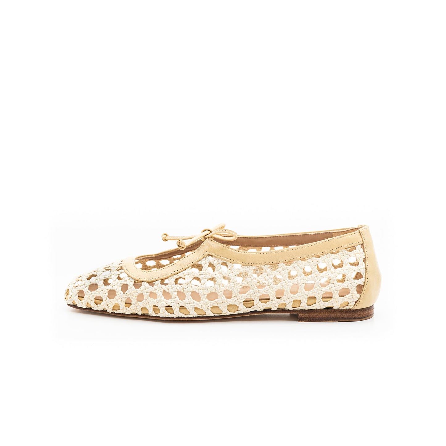 Bone Woven Vegan Leather Square-Toe Vamp Strap With Bow Ballet Flats