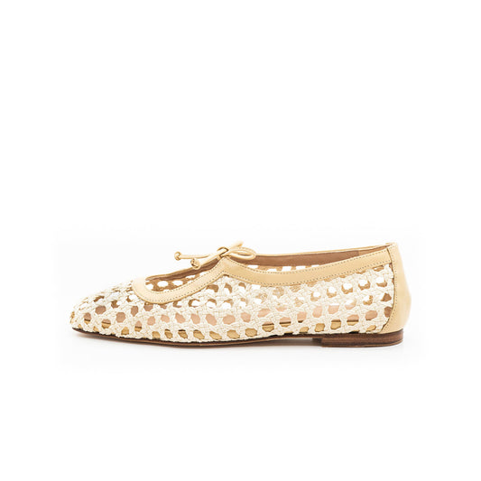 Bone Woven Vegan Leather Square-Toe Vamp Strap With Bow Ballet Flats