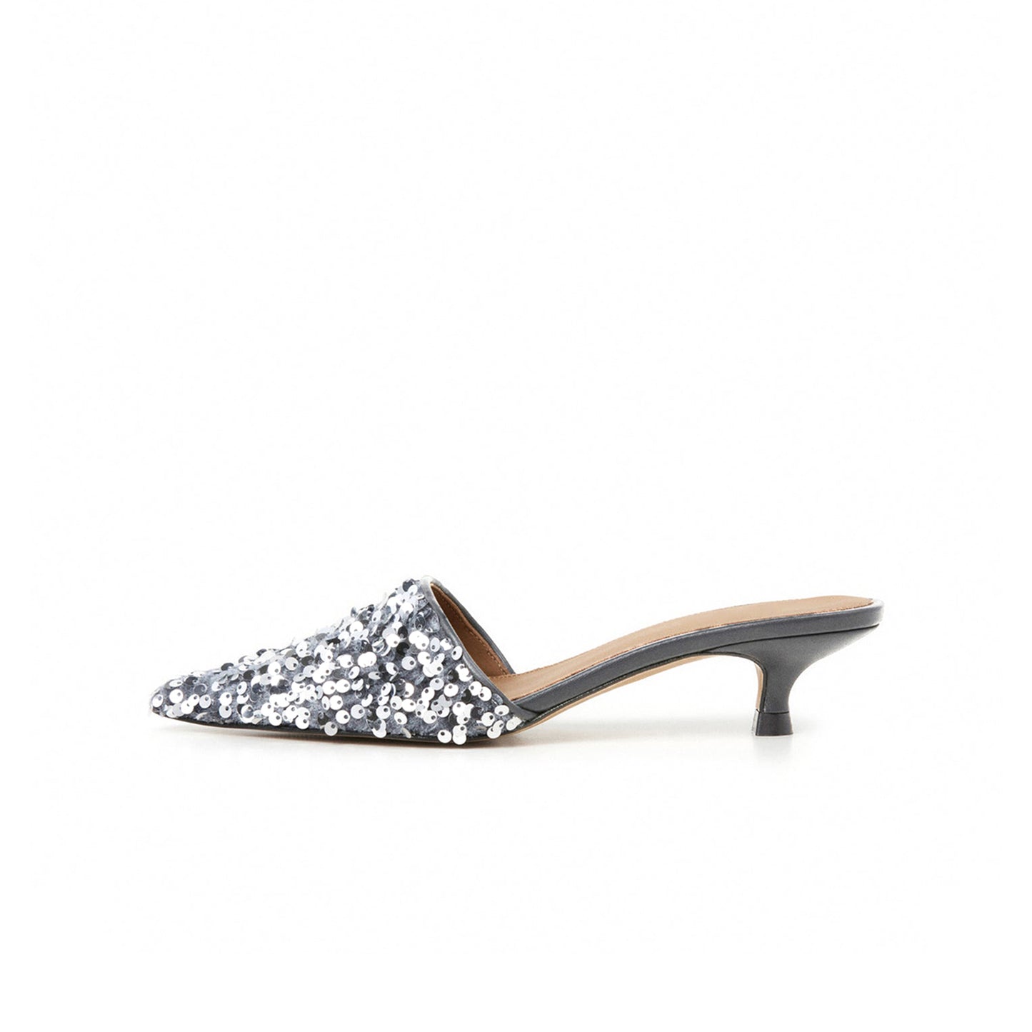 Gray Velvet Pointed-Toe Slip-On Full Sequin Backless Kitten Heels
