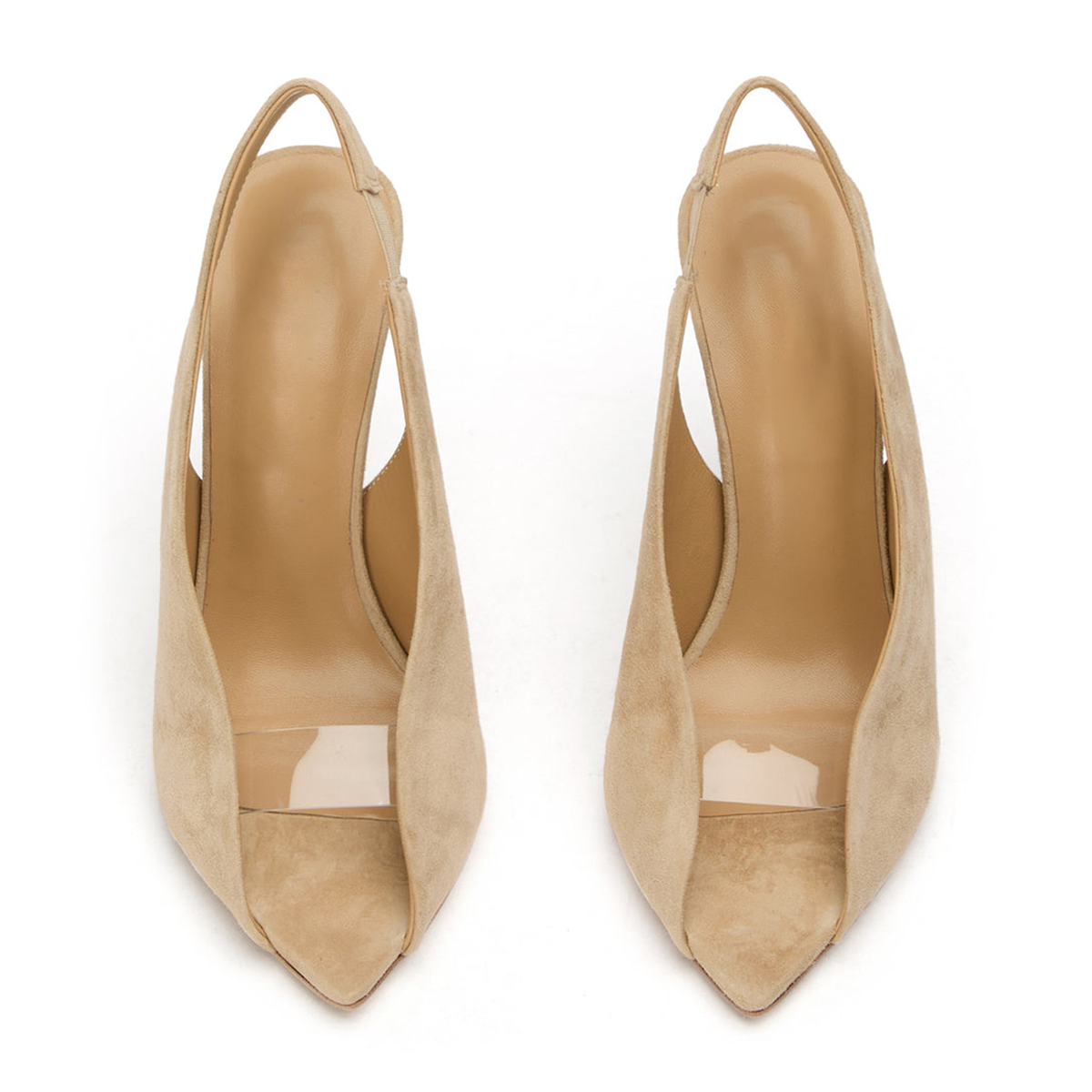 Sand Faux Suede Pointed-Toe Front Transparent TPU Film Slingback High Heels