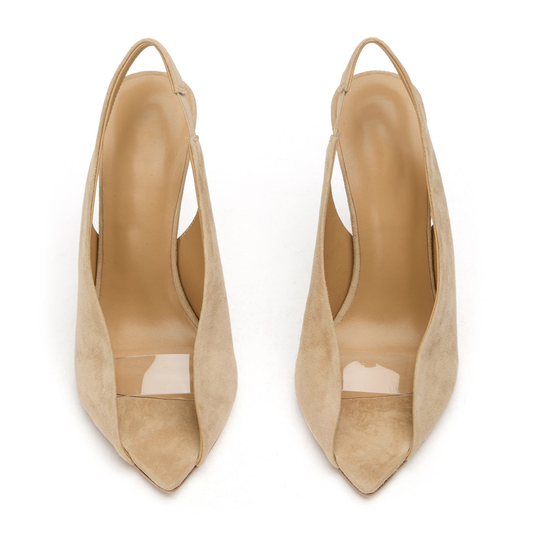 Sand Faux Suede Pointed-Toe Front Transparent TPU Film Slingback High Heels
