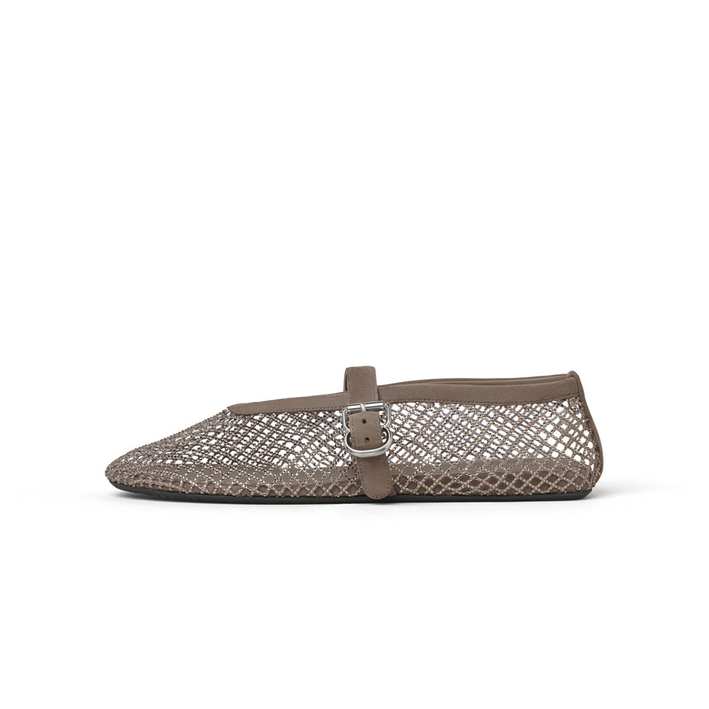 Dark Gray Mesh With Rhinestones Round-Toe Mary Jane Ballet Flats