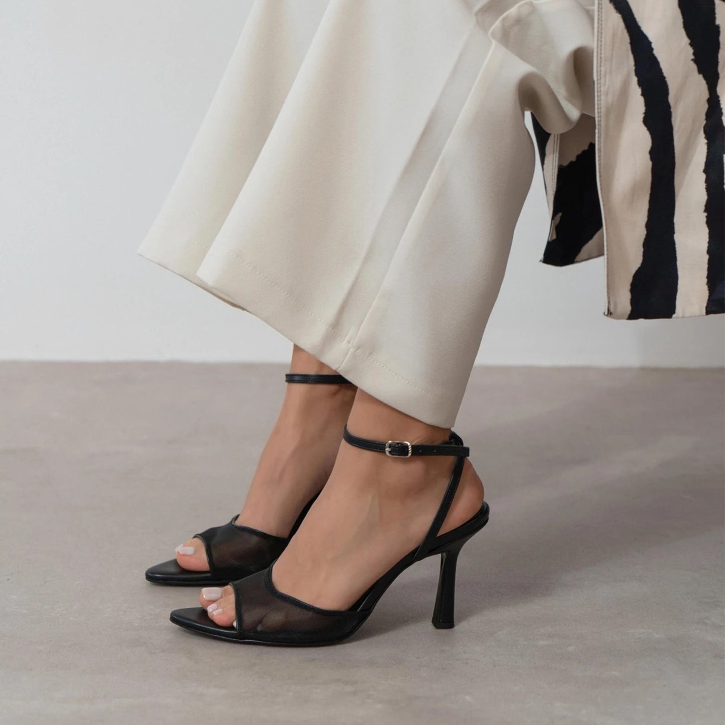 Black Mesh And Vegan Leather Pointed-Toe Slingback Ankle Strap Pumps High Heels