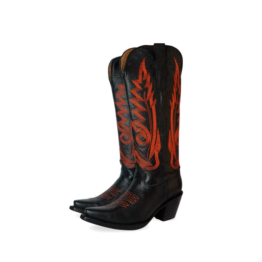 Black Snip-Toe Orange Embroidery Mid Calf Cowgirl Boots