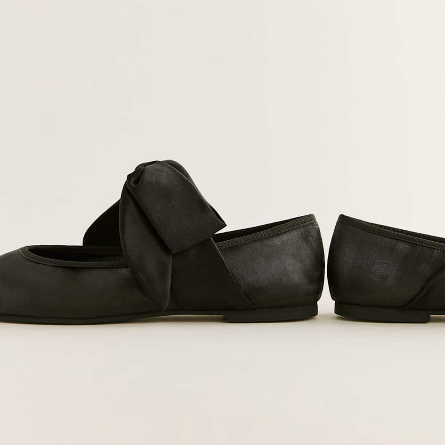 Black Satin Round-Toe Bridge Bow Strap Ballet Flats