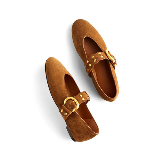 Brown Faux Suede Round-Toe Buckle Bridge Strap Slip-On Flats