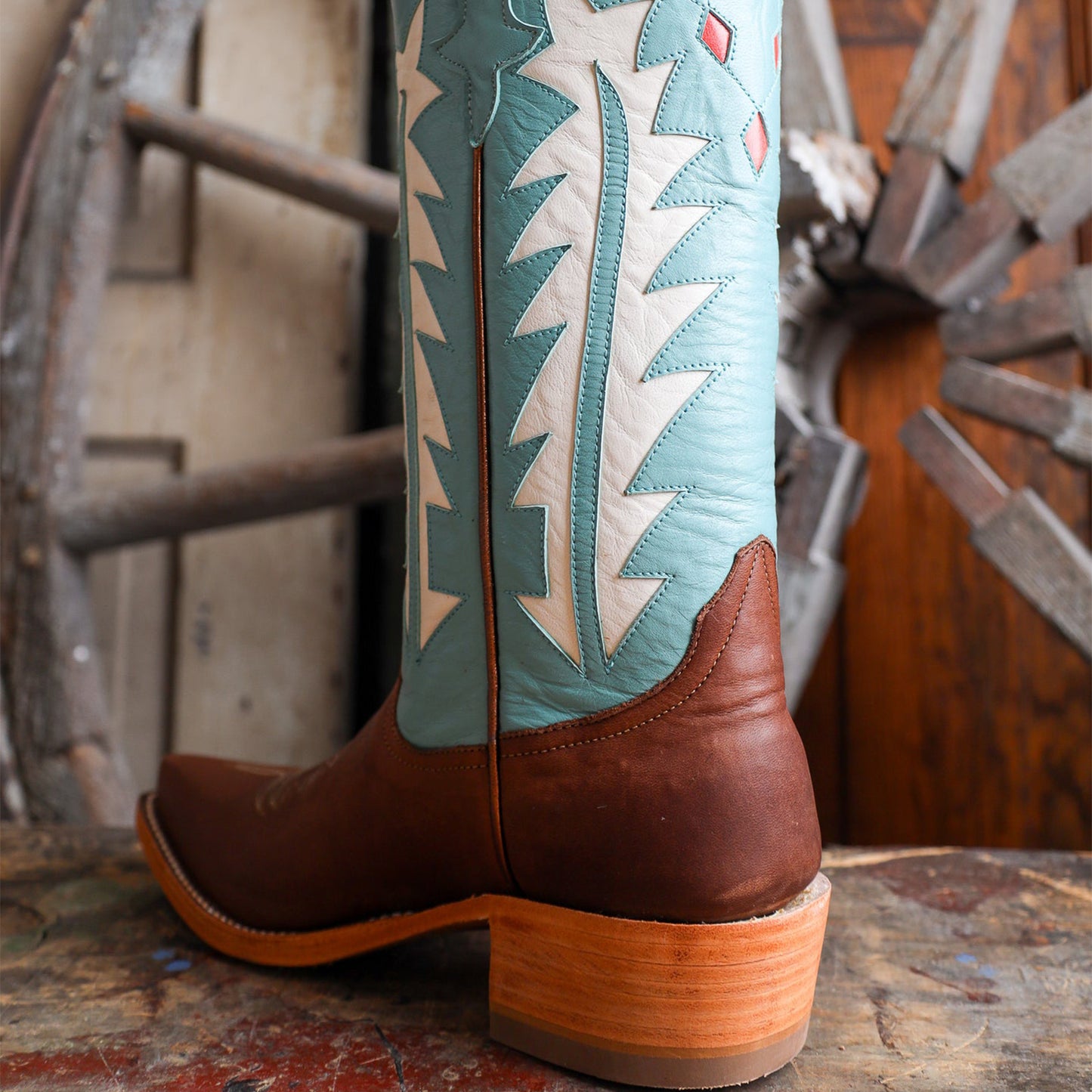 Contrast Brown And Turquoise Snip-Toe White Inlay Mid Calf Cowgirl Boots