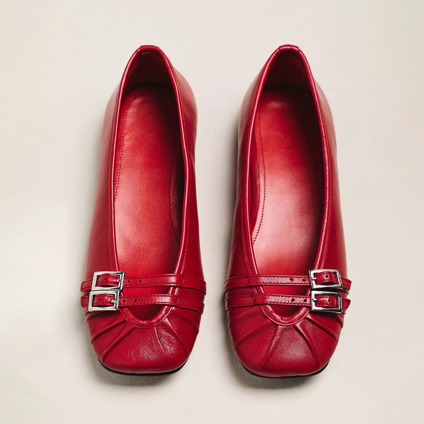 Red Square-Toe Front Buckle Double Straps Classic Ballet Flats