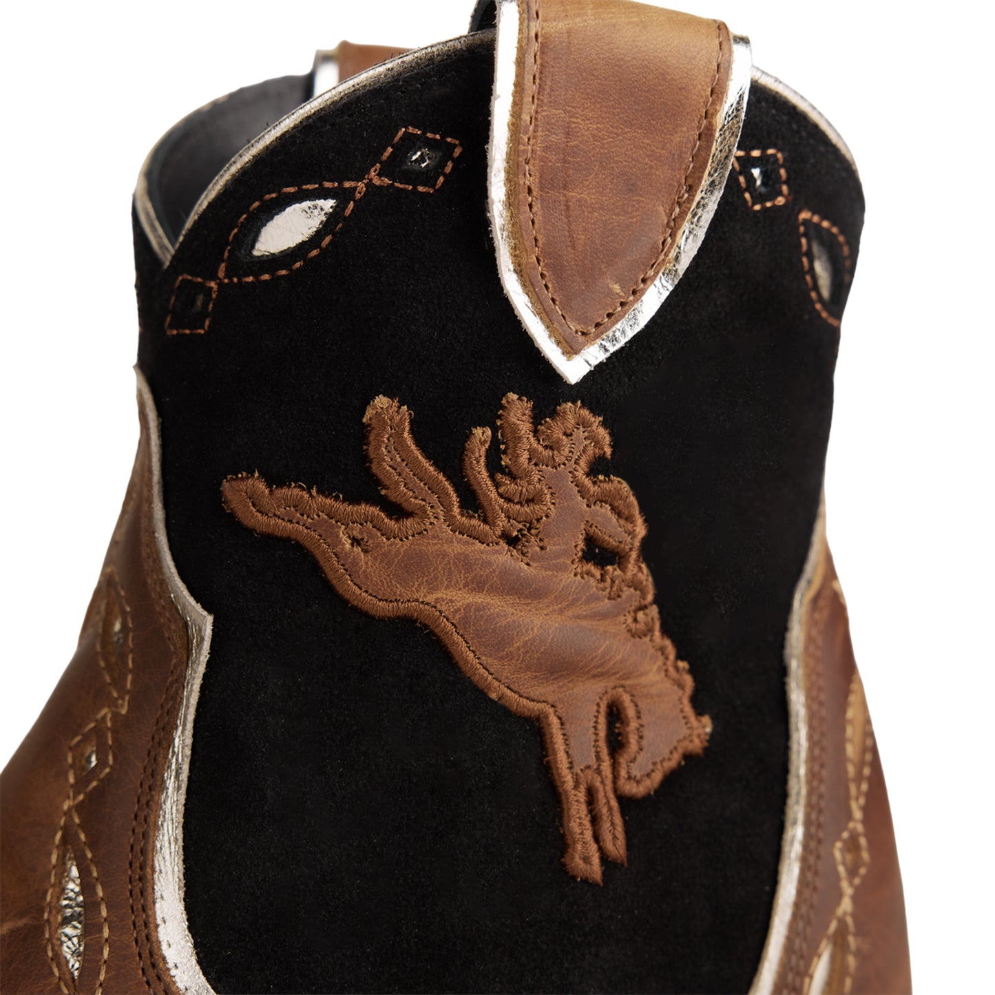 Contrast Brown And Black Faux Suede Snip-Toe Horse Embroidery Full-Zip Ankle Cowgirl Boots