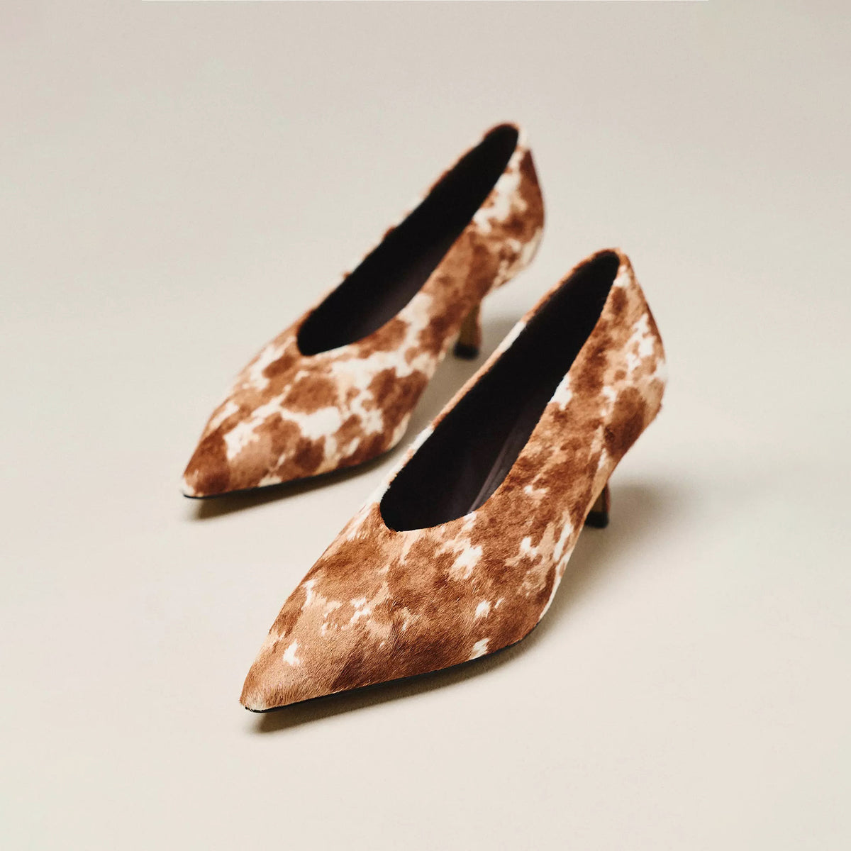 Cow Pattern Pony Hair Vegan Leather Pointed-Toe Slip-On Chic Kitten Heels