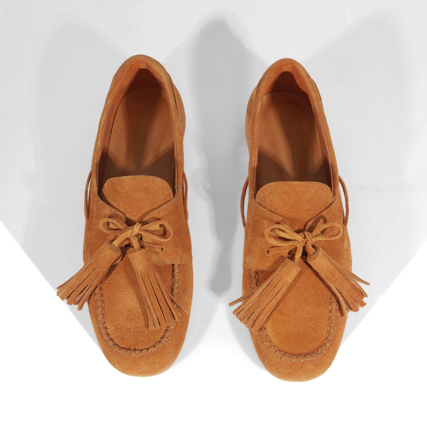 Caramel Faux Suede Square-Toe Front Bow With Fringe Slip-On Flats