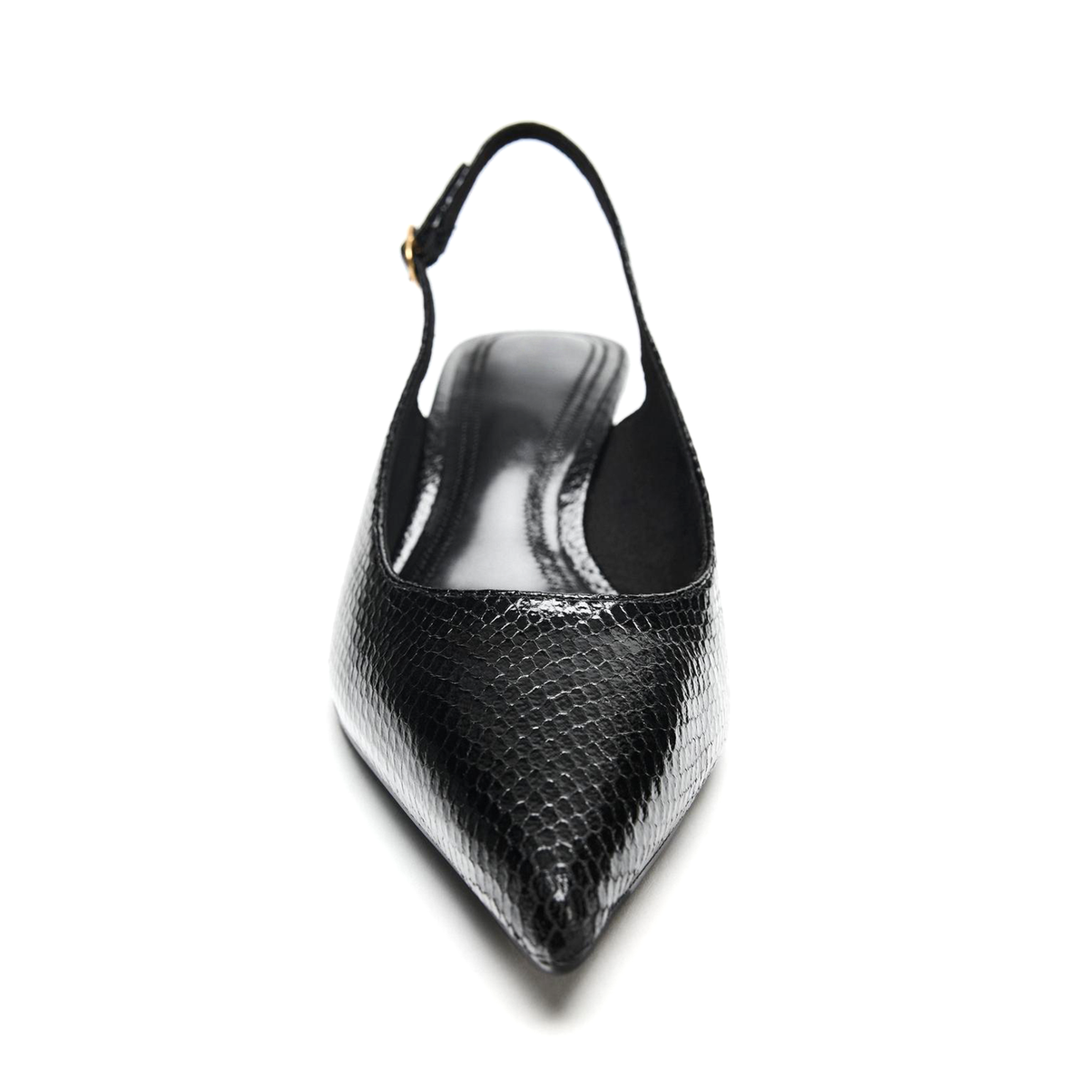 Black Snakeskin Pattern Vegan Leather Pointed-Toe Buckle Back Strap Classic Kitten Heels