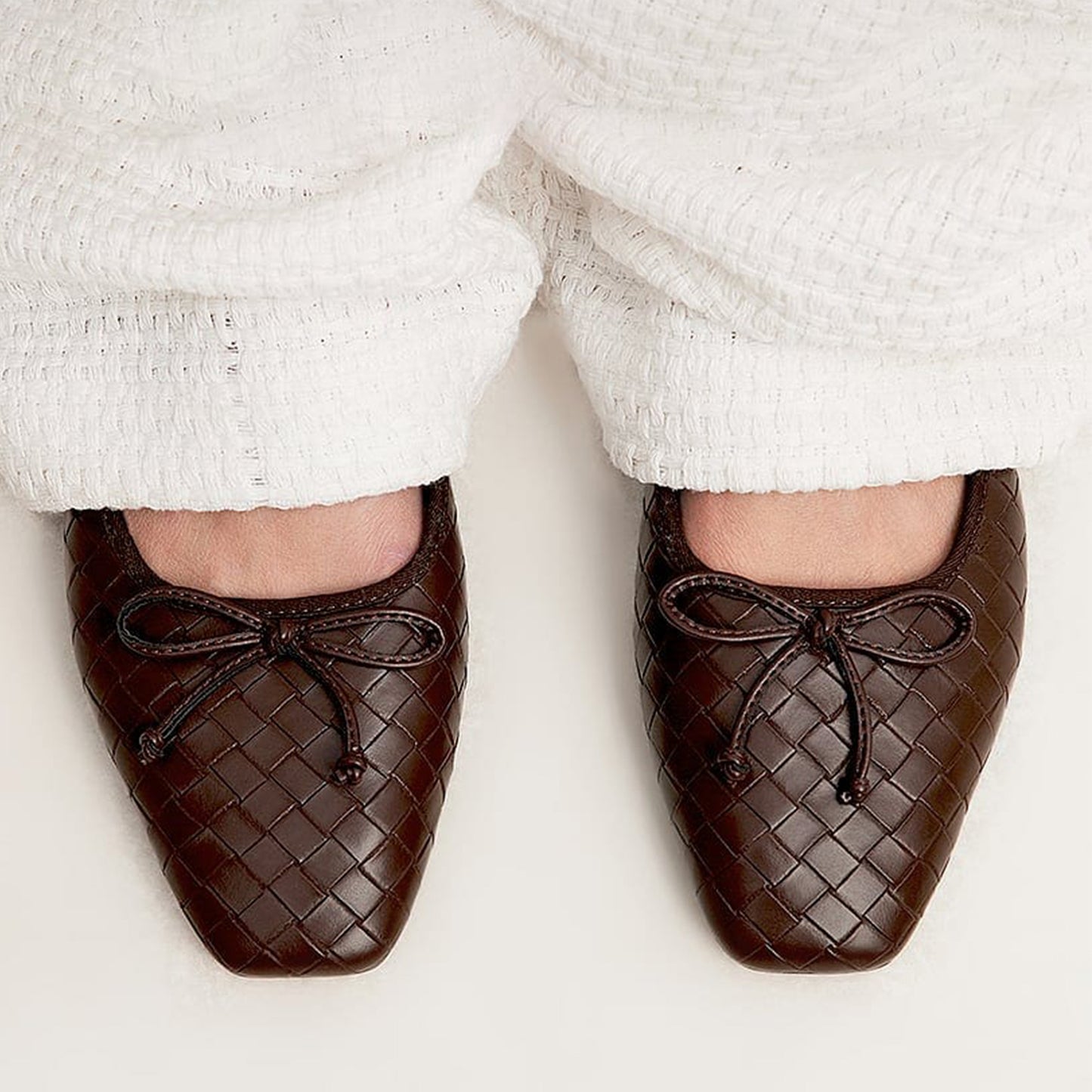 Dark Brown Vegan Leather Woven Square-Toe Front Bow Detail Ballet Flats